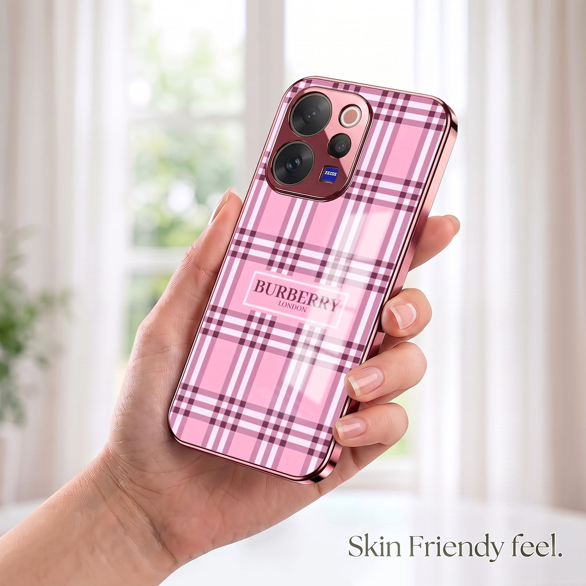 Vivo V70 5G Burberry Classic Pink Electroplated Glass Phone Back Case