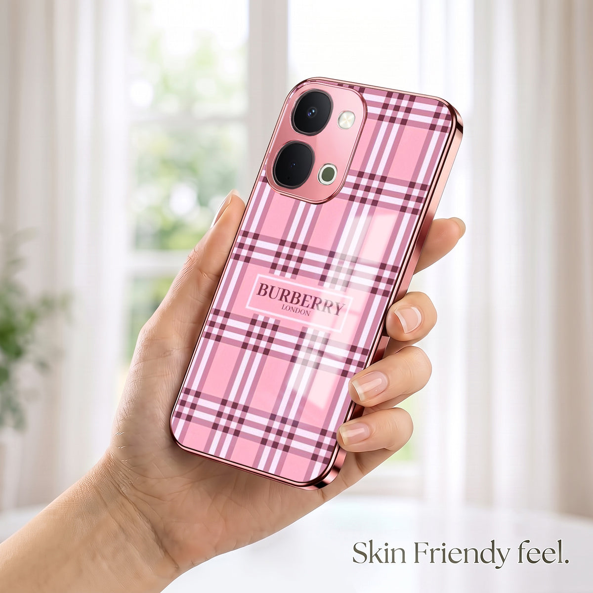 Vivo T5x 5G Burberry Classic Pink Electroplated Glass Phone Back Case