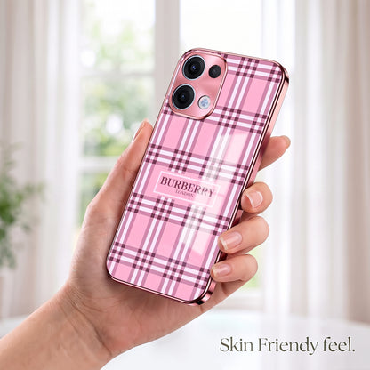 Oppo Reno 13 5G Burberry Classic Pink Electroplated Glass Phone Back Case