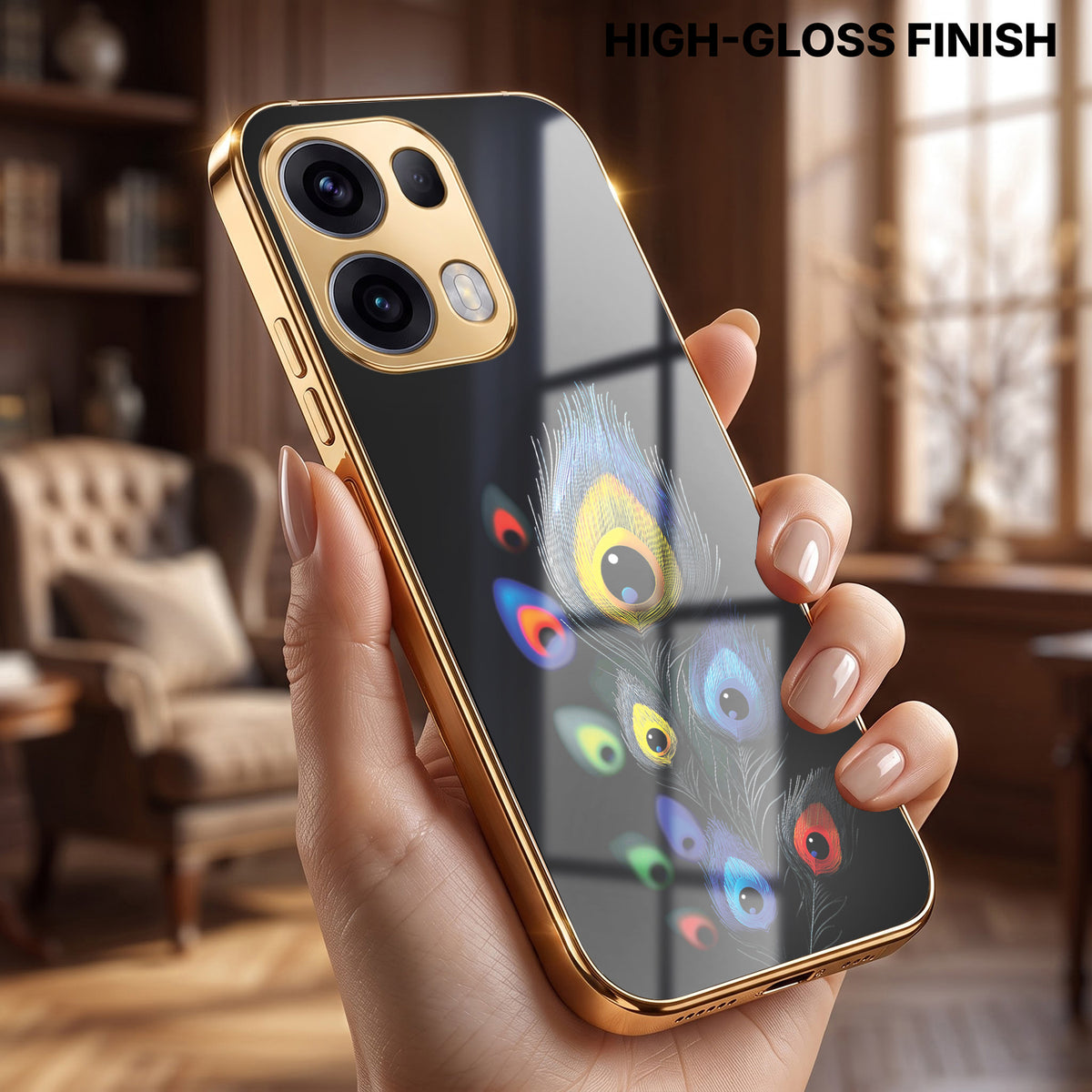 Oppo Reno 13 Pro 5G Multi-Feather Peacock Gold Electroplated Glass Phone Back Case