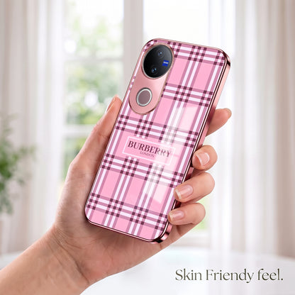 Vivo V50 5G Burberry Classic Pink Electroplated Glass Phone Back Case