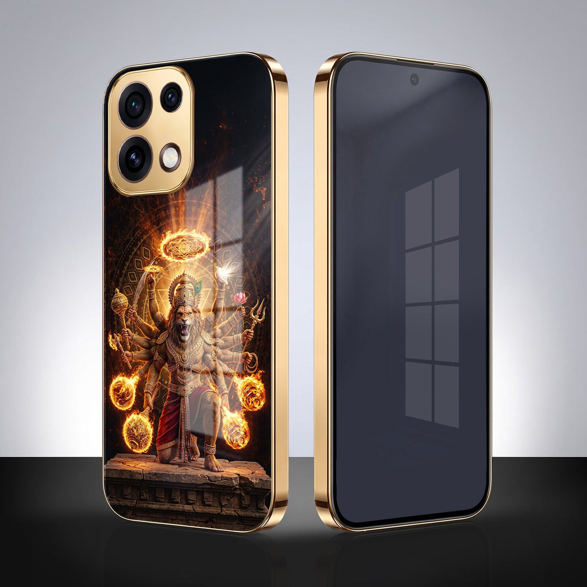 Oppo Reno 16C 5G Lord Narasimha Gold Electroplated Glass Phone Back Case