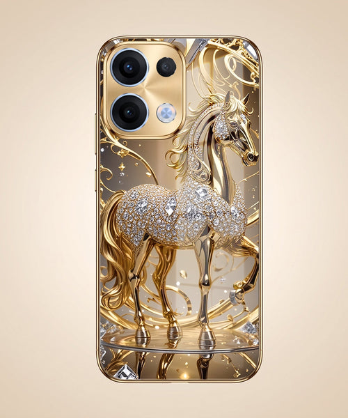 Oppo Reno 13 5G Luxury Horse Texture Gold Electroplated Glass Phone Back Case