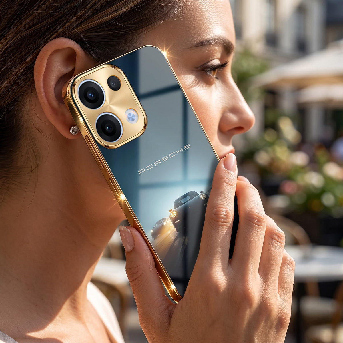 Oppo Reno 13 5G Porsche Luxury Gold Electroplated Glass Phone Back Case