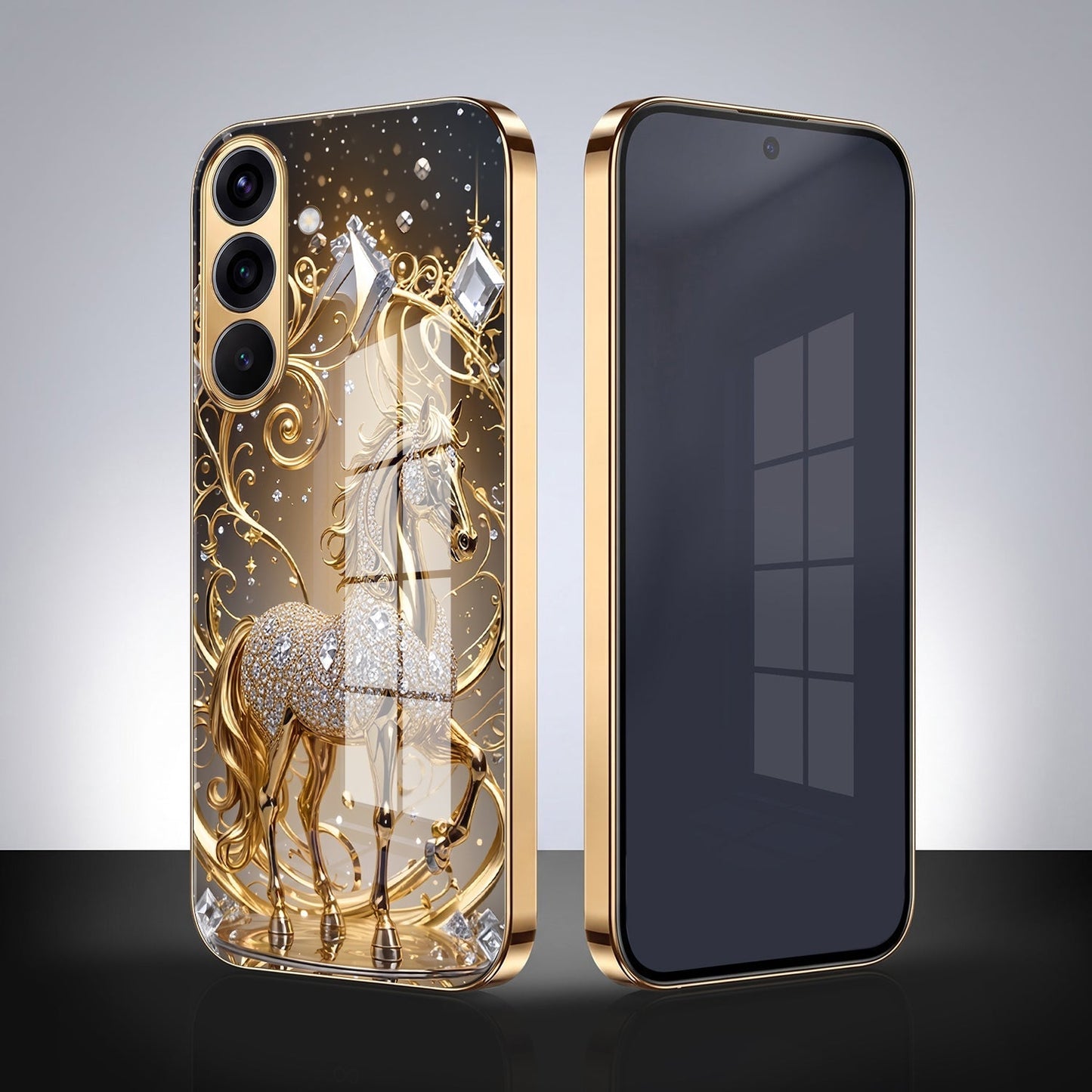 Samsung Galaxy A36 5G Luxury Horse Texture Gold Electroplated Glass Phone Back Case