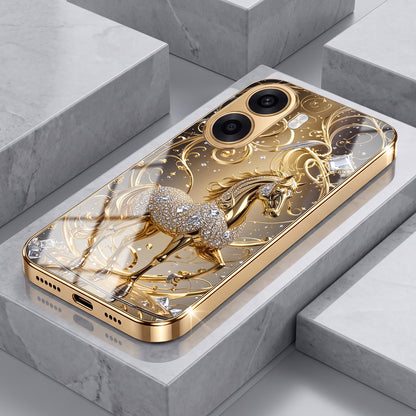 Oppo K14x 5G Luxury Horse Texture Gold Electroplated Glass Phone Back Case