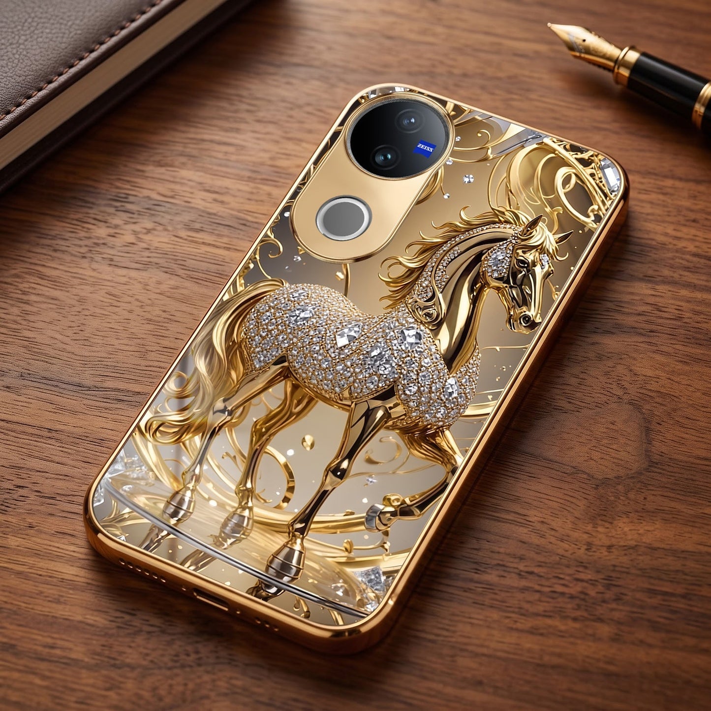 Vivo V50 5G Luxury Horse Texture Gold Electroplated Glass Phone Back Case