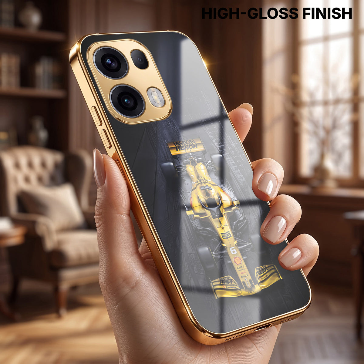 Oppo Reno 13 Pro 5G F1 Racing Car Gold Electroplated Glass Phone Back Case