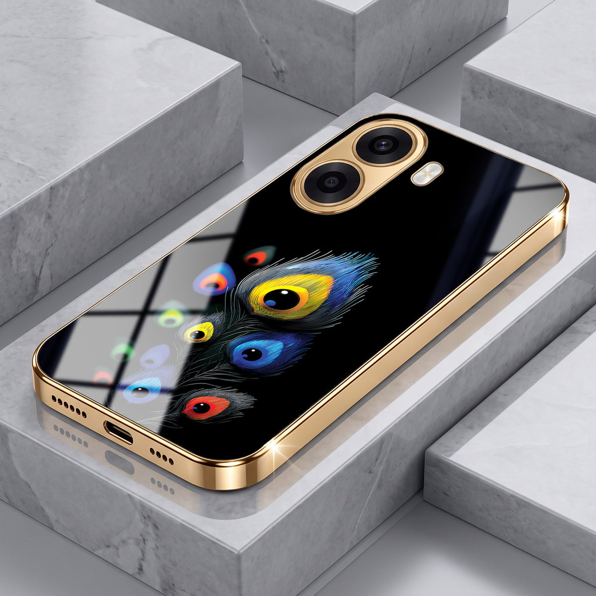 Oppo K14x 5G Multi-Feather Peacock Gold Electroplated Glass Phone Back Case