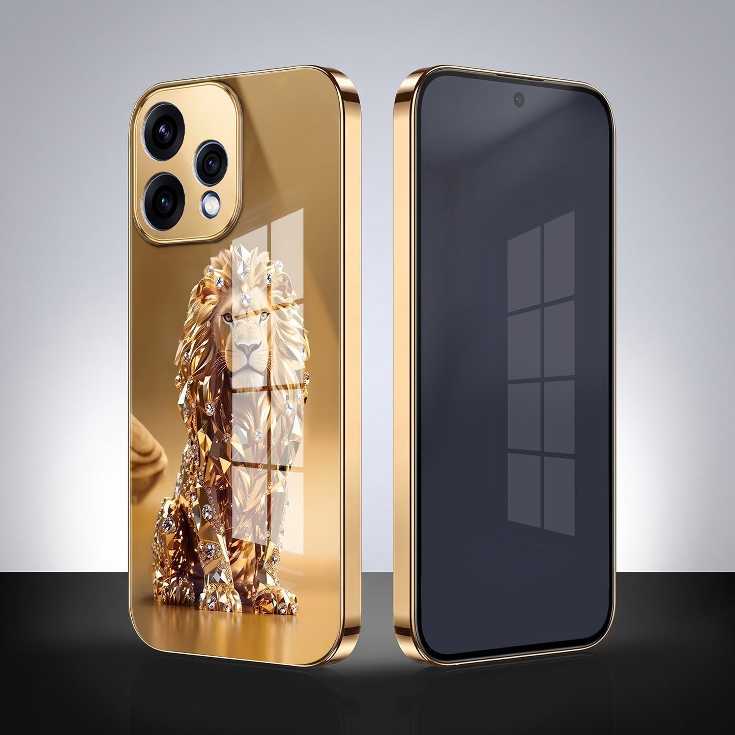 Oppo Reno 15 5G Luxury Lion Gold Electroplated Glass Phone Back Case