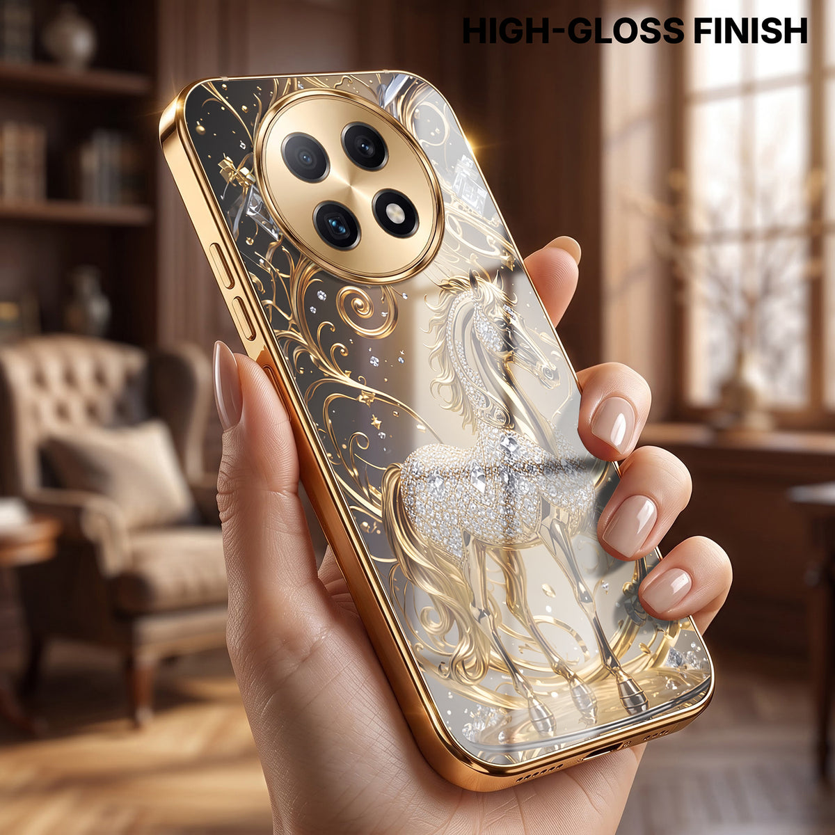 Oppo F29 Pro 5G Luxury Horse Texture Gold Electroplated Glass Phone Back Case