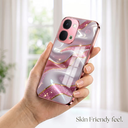 Vivo T5x 5G Pearl Marble Pink Electroplated Glass Phone Back Case