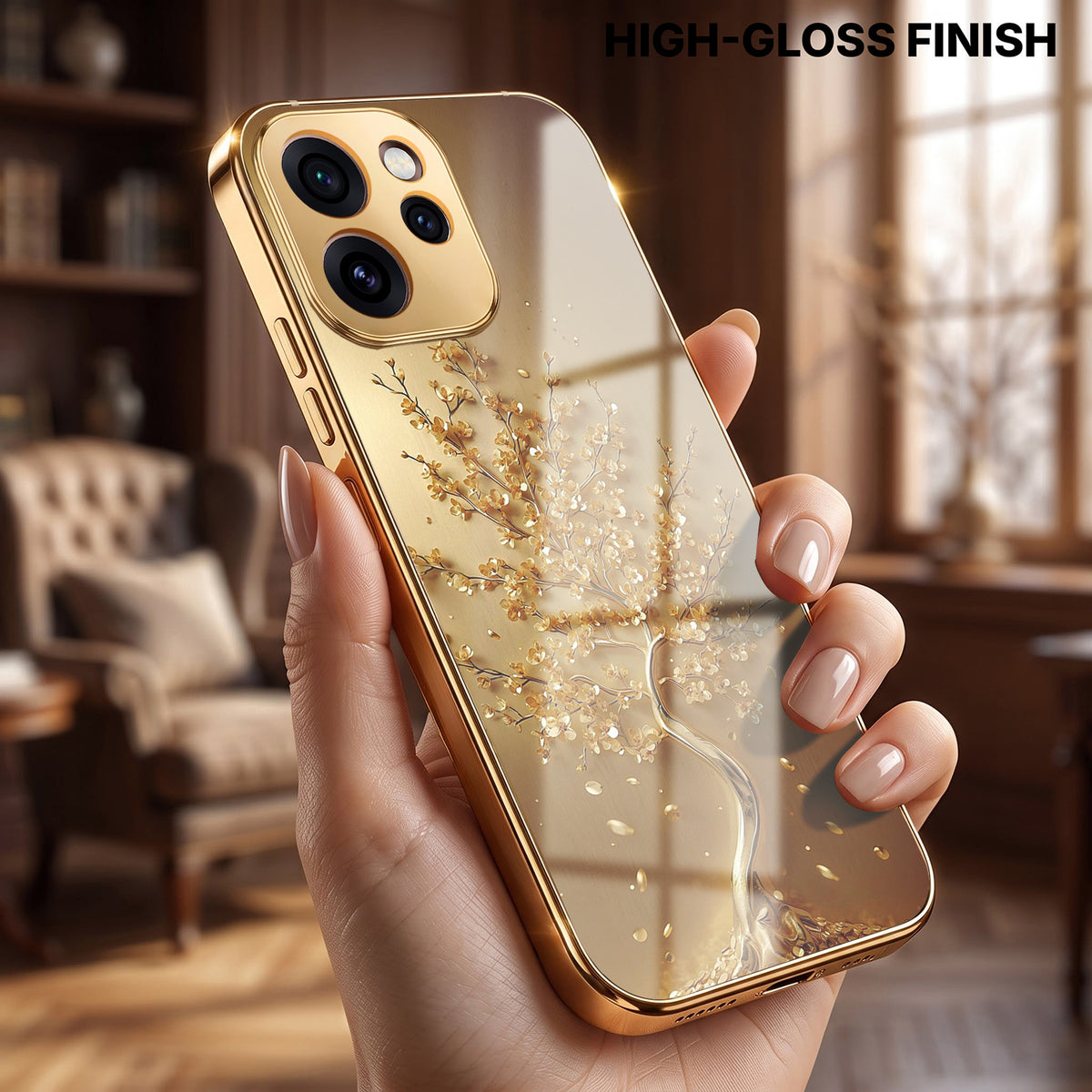 Oppo Reno 15 Pro Mini 5G Golden Tree Gold Electroplated Glass Phone Back Case