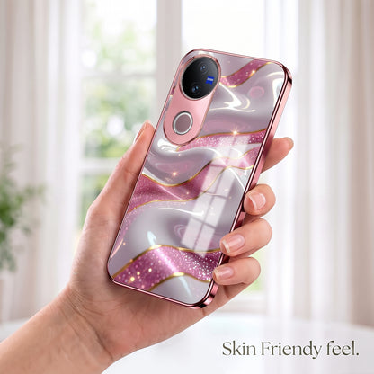 Vivo V50 5G Pearl Marble Pink Electroplated Glass Phone Back Case