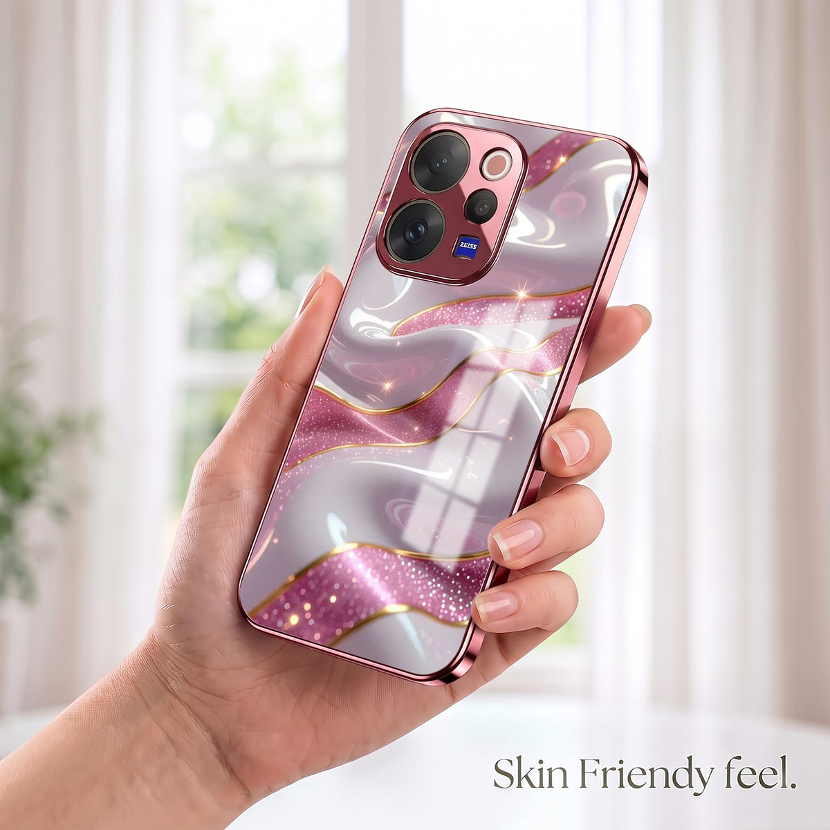 Vivo V70 5G Pearl Marble Pink Electroplated Glass Phone Back Case