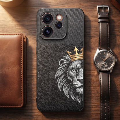 Oppo Reno 15 Pro Mini 5G Lion King Carbon Fiber Leather Hybrid Back Case