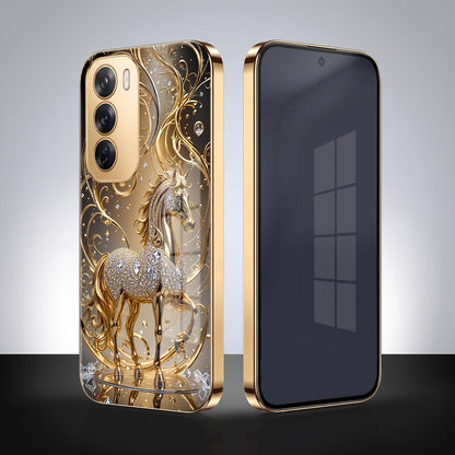 Oppo Reno 12 Pro 5G Luxury Horse Texture Gold Electroplated Glass Phone Back Case