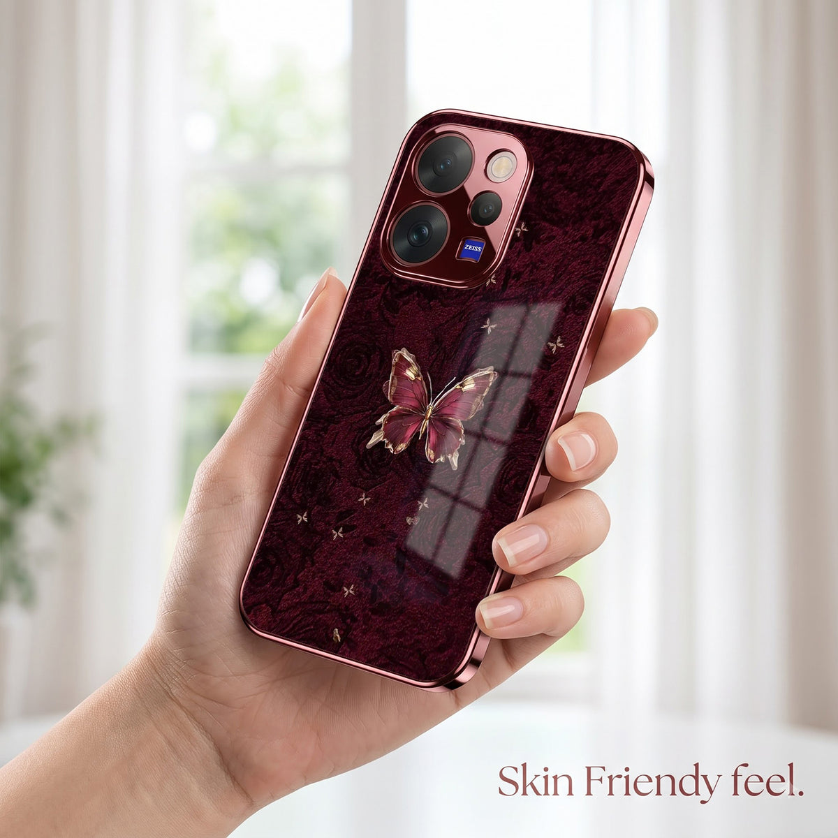Vivo V70 5G Butterfly Burgundy Electroplated Glass Back Case