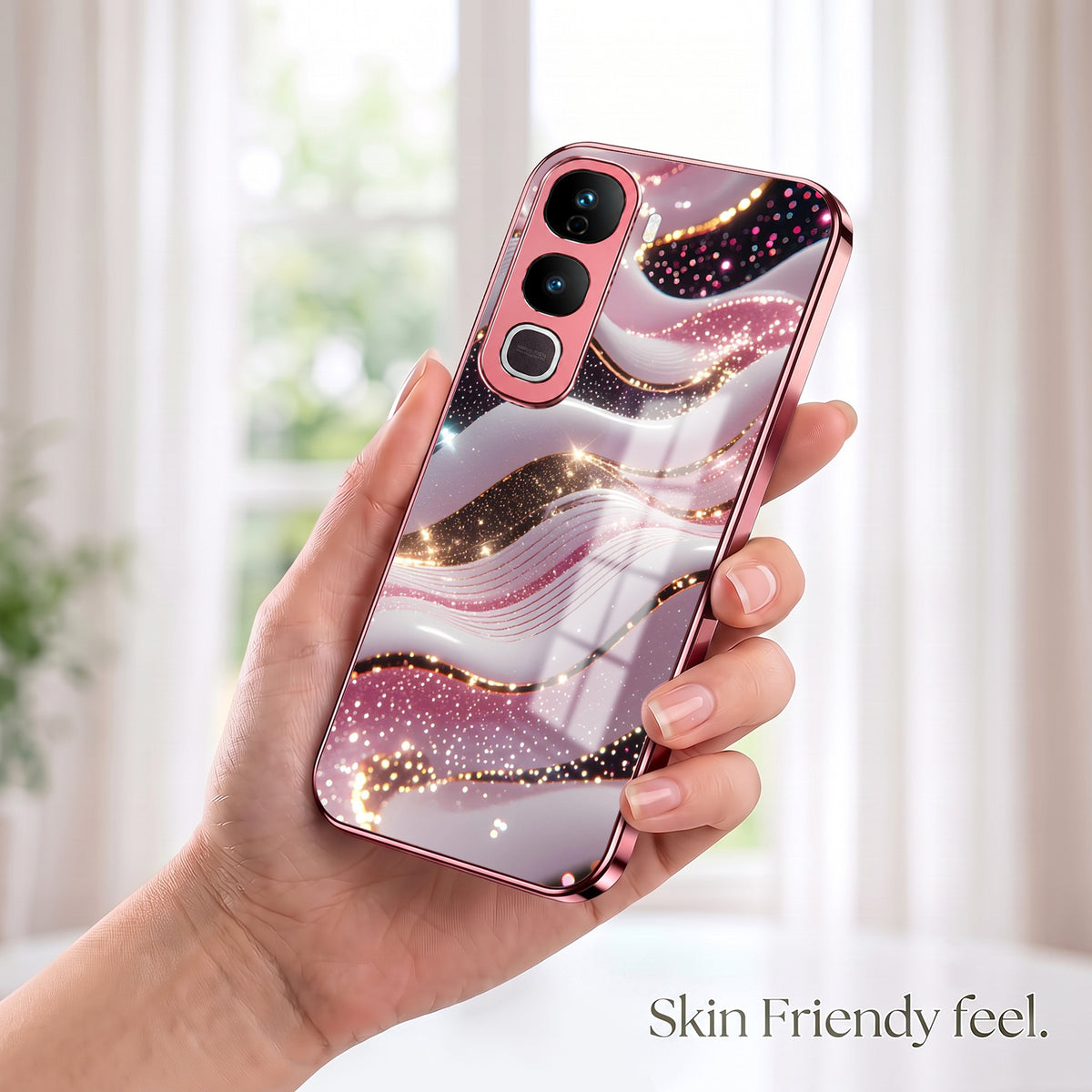 Vivo Y400 Pro 5G Midnight Pearl Wave Pink Electroplated Glass Phone Back Case