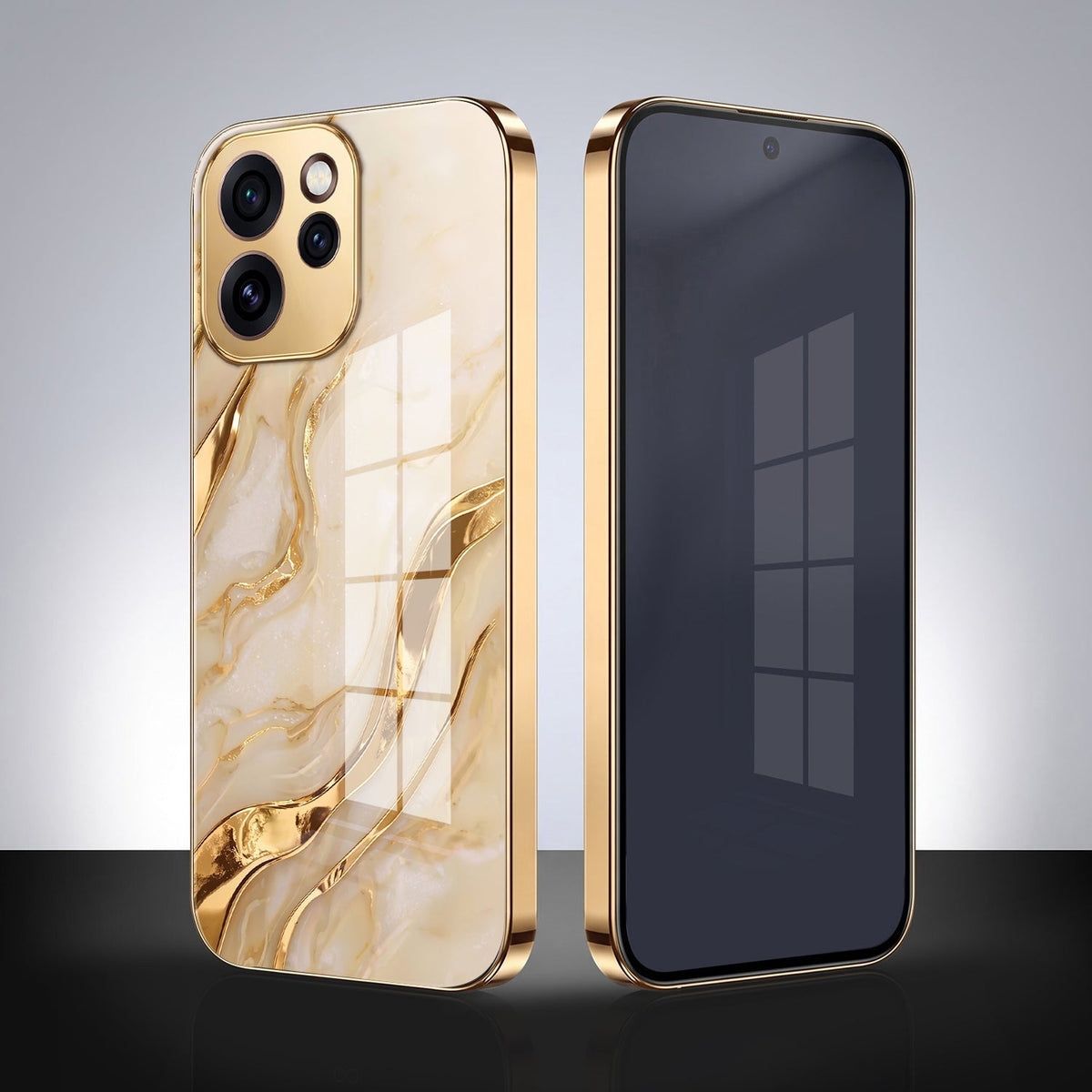 Oppo Reno 15 Pro Mini 5G Marvel Texture Gold Electroplated Glass Phone Back Case