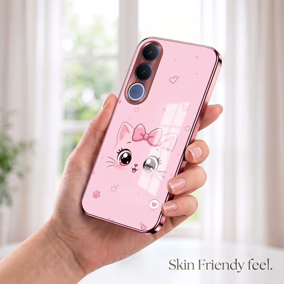 Vivo V70 FE 5G Luxury Cute Cat Pink Electroplated Glass Phone Back Case