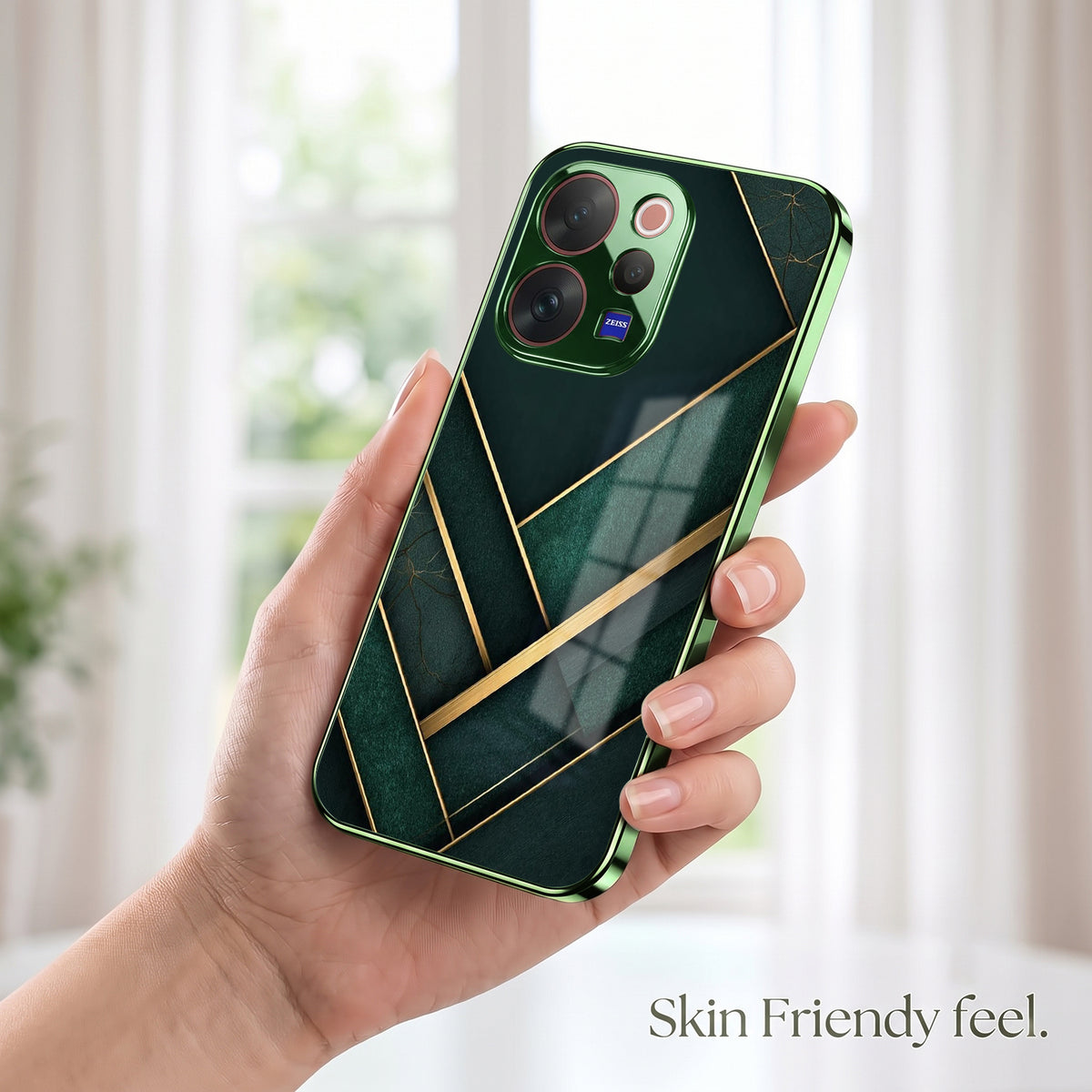 Vivo V70 5G Emerald Gold Geometric Green Electroplated Glass Back Case
