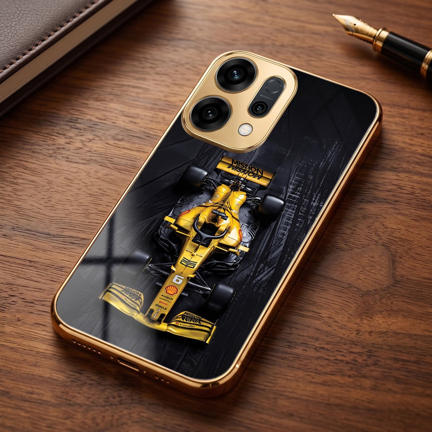 Oppo Reno 14 5G F1 Racing Car Gold Electroplated Glass Phone Back Case