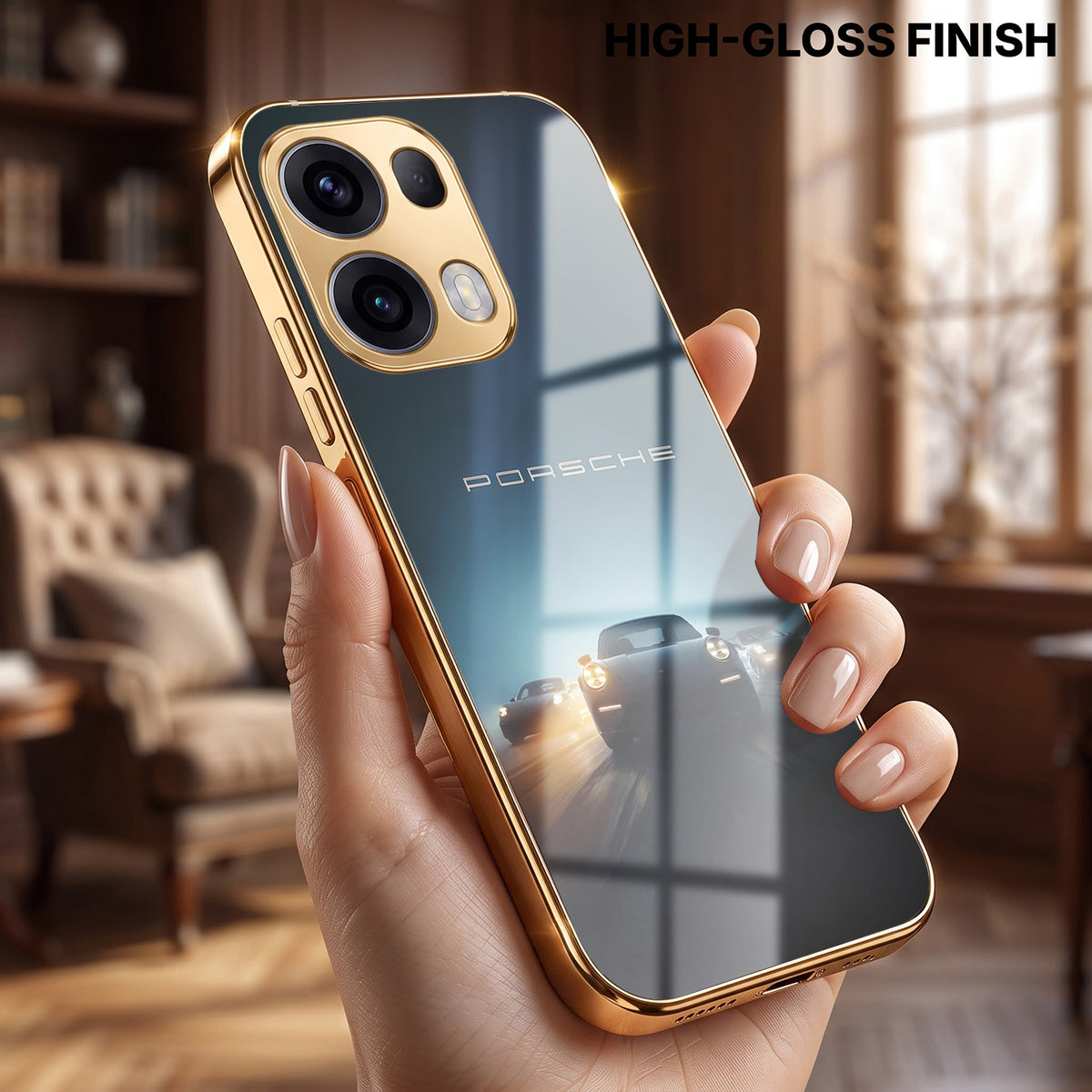 Oppo Reno 13 Pro 5G Porsche Luxury Gold Electroplated Glass Phone Back Case