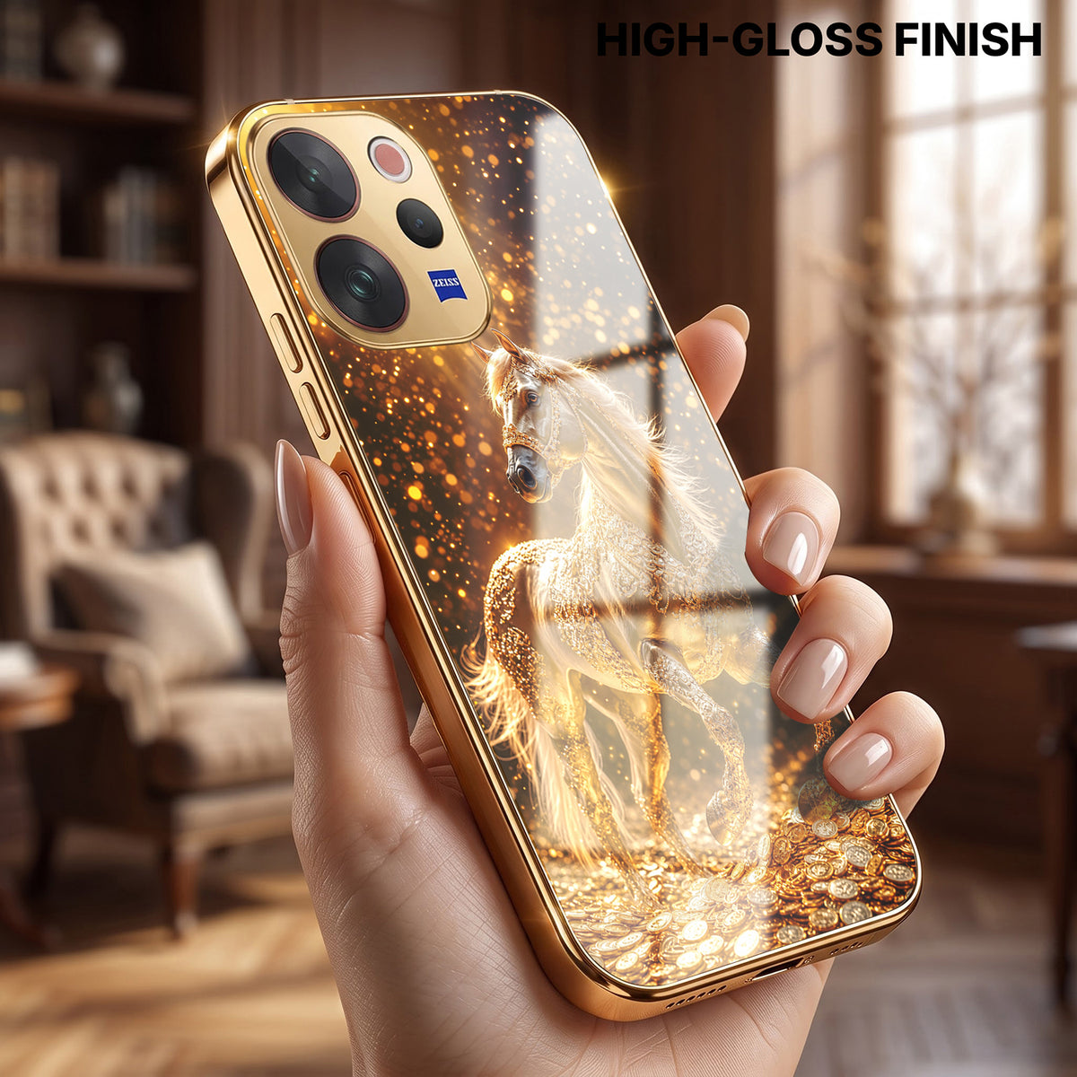 Vivo V50 5G Golden Horse Sparkle Gold Electroplated Glass Phone Back Case
