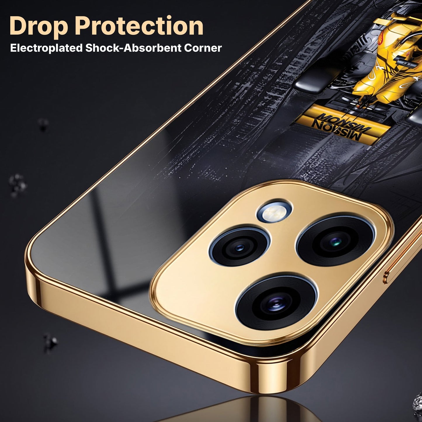 Oppo Reno 15 5G F1 Racing Car Gold Electroplated Glass Phone Back Case
