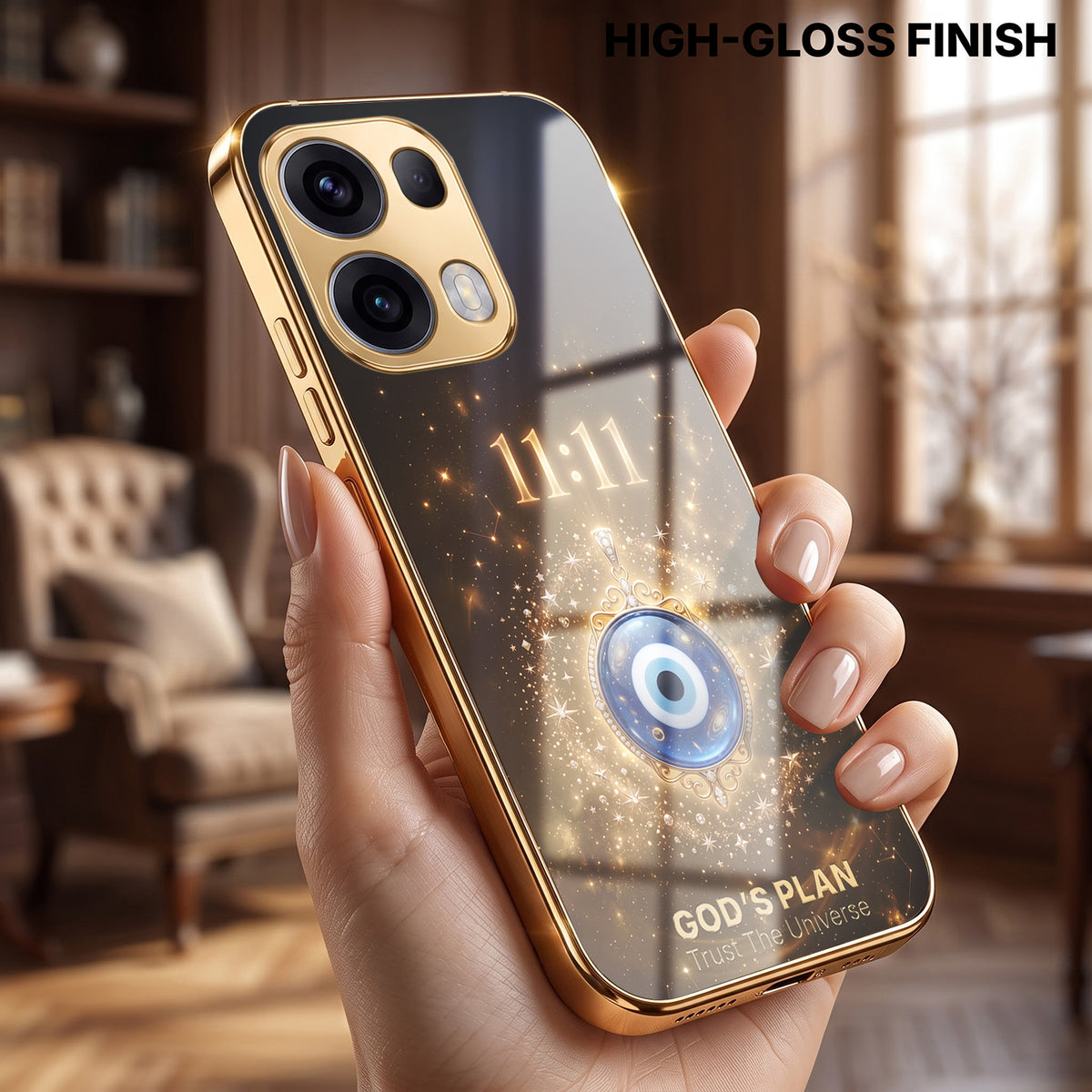 Oppo Reno 13 Pro 5G God’s Plan Evil Eye Gold Electroplated Glass Phone Back Case