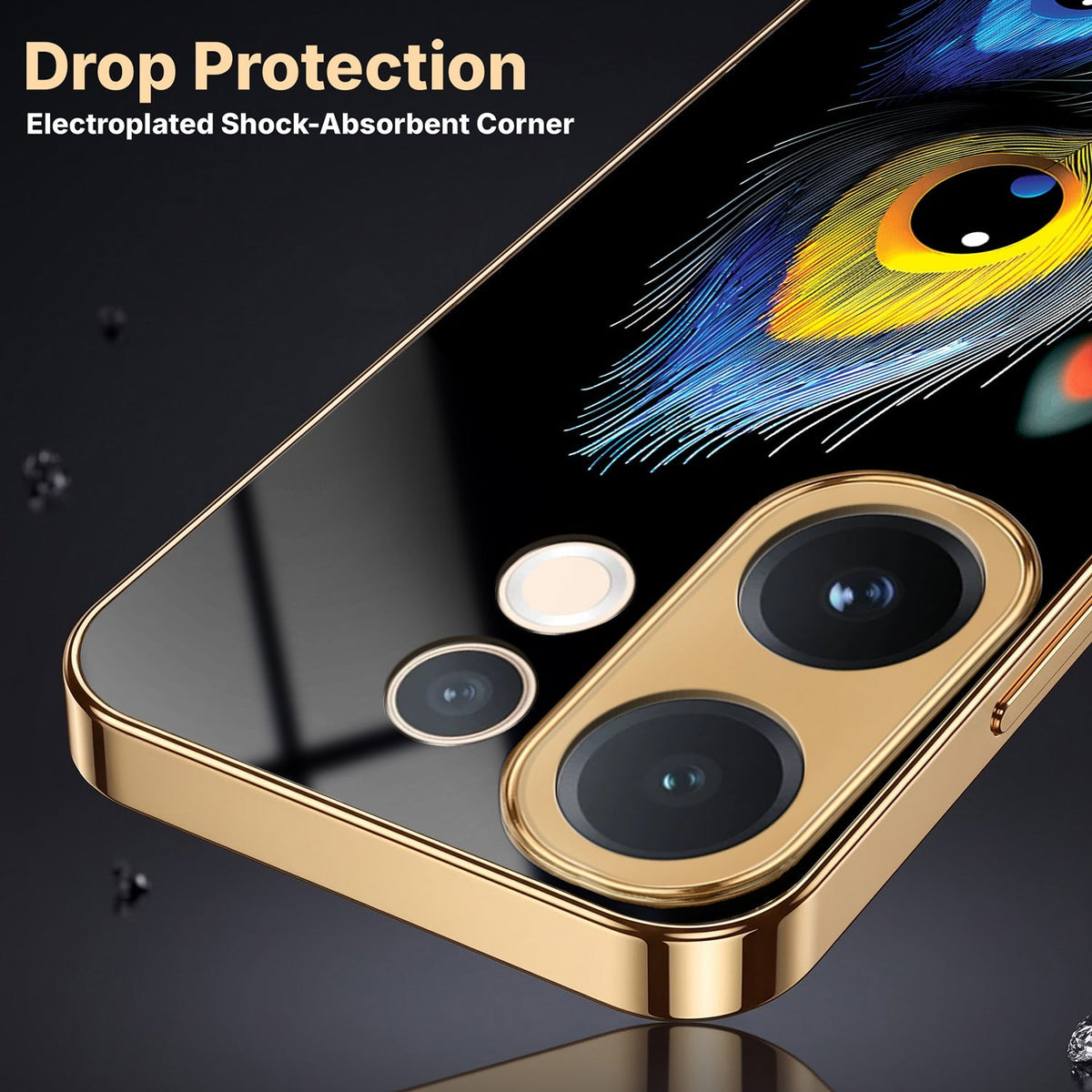 Vivo V60 5G Premium Peacock Feather Gold Electroplated Glass Phone Back Case