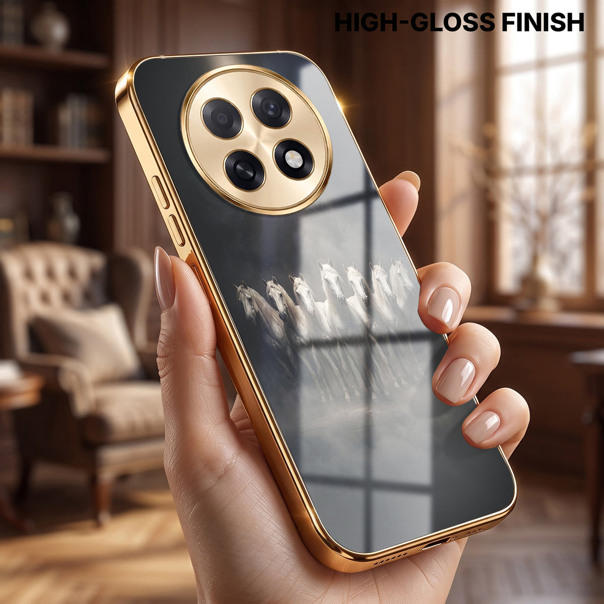 Oppo F31 Pro+ 5G Running Horses Gold Electroplated Glass Phone Back Case