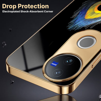 Vivo V50 5G Premium Peacock Feather Gold Electroplated Glass Phone Back Case