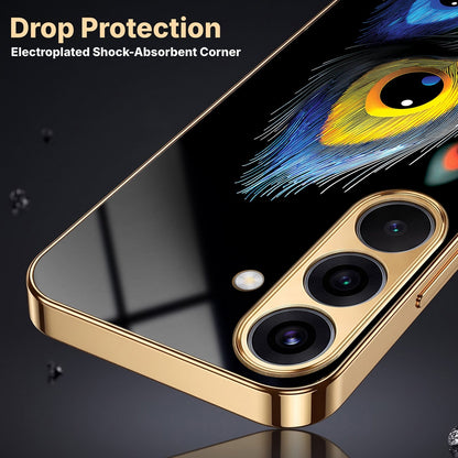 Samsung Galaxy A36 5G Premium Peacock Feather Gold Electroplated Glass Phone Back Case