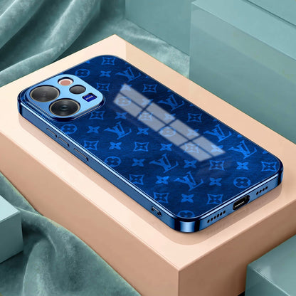 Vivo V70 5G Luxury Monogram Blue Electroplated Glass Phone Back Case