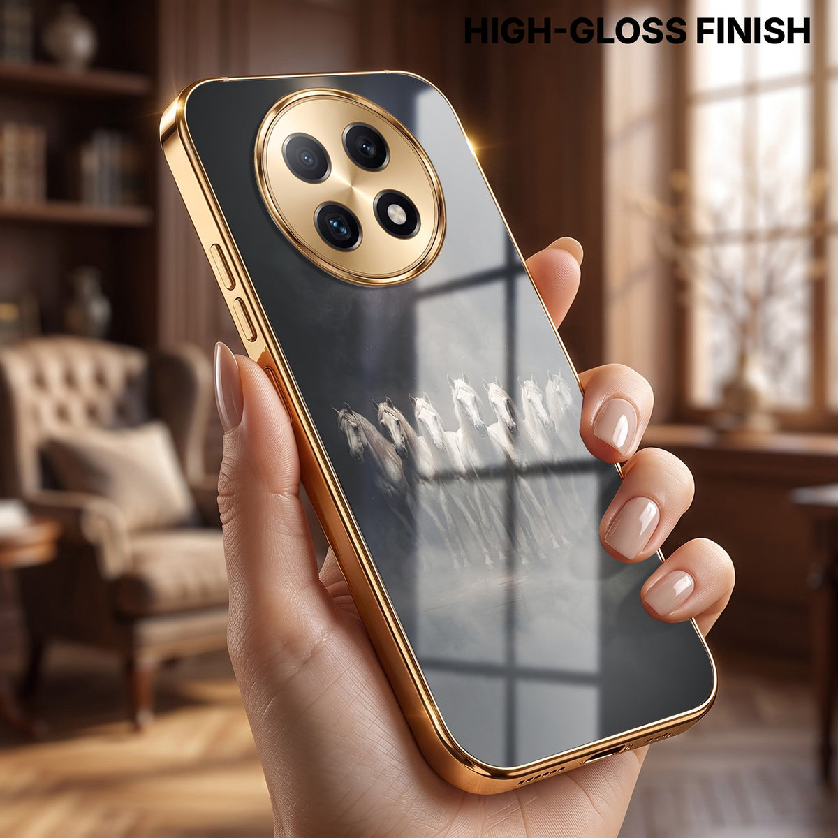 Oppo F29 Pro 5G Running Horses Gold Electroplated Glass Phone Back Case