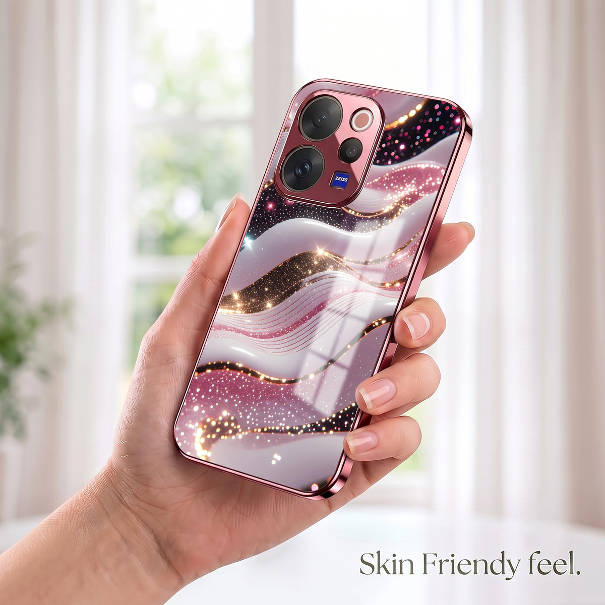 Vivo V70 5G Midnight Pearl Wave Pink Electroplated Glass Phone Back Case