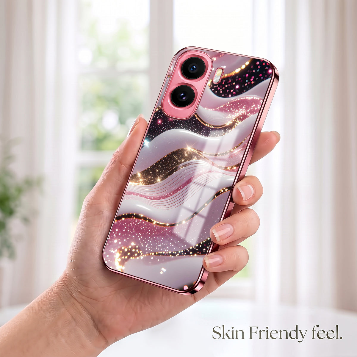 Vivo T5 Pro 5G Midnight Pearl Wave Pink Electroplated Glass Phone Back Case