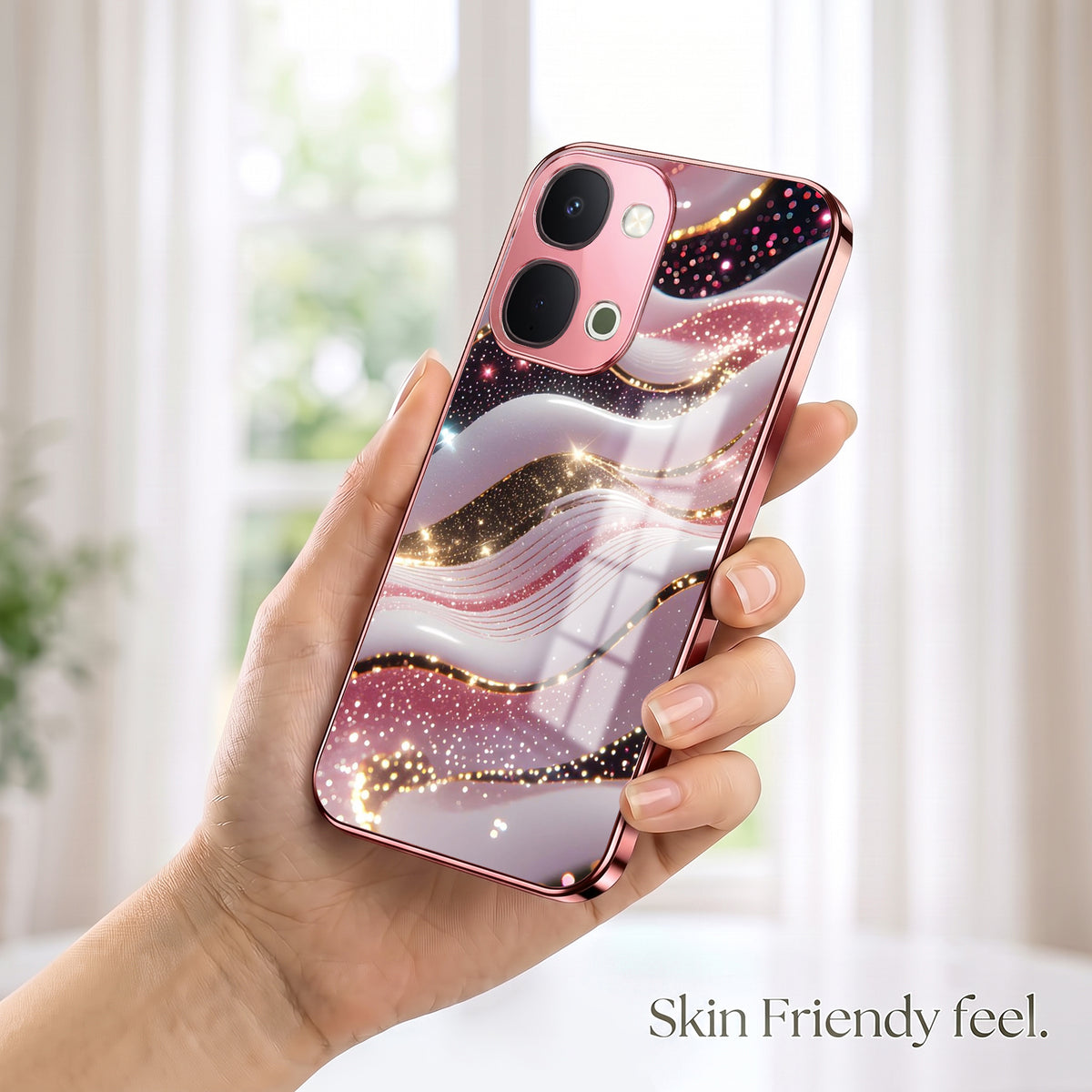 Vivo T5x 5G Midnight Pearl Wave Pink Electroplated Glass Phone Back Case