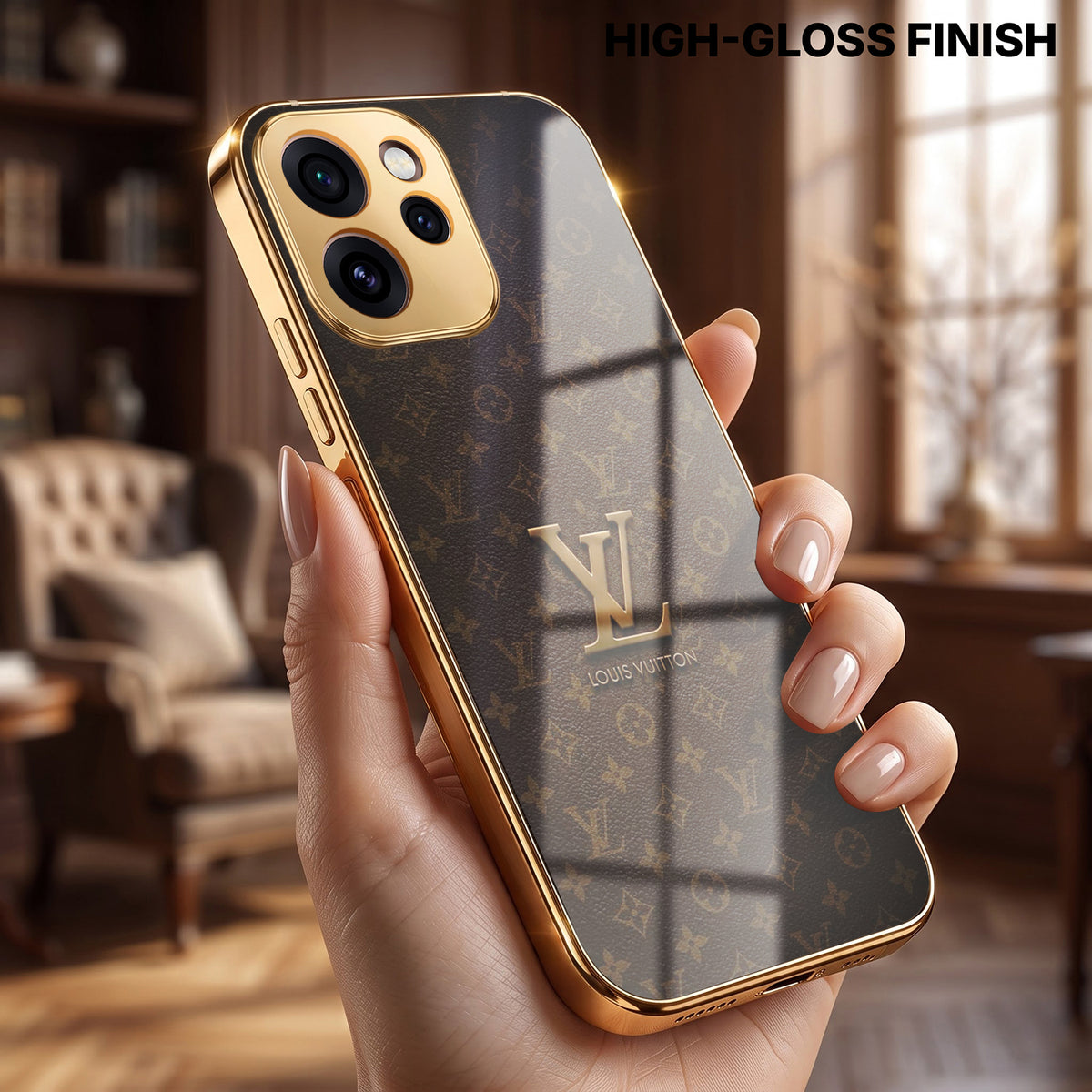 Oppo Reno 15 Pro Mini 5G LV Brown Monogram Gold Electroplated Glass Phone Back Case