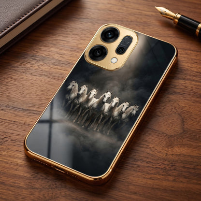 Oppo Reno 14 5G Running Horses Gold Electroplated Glass Phone Back Case