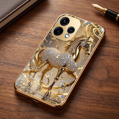Oppo Reno 15 5G Luxury Horse Texture Gold Electroplated Glass Phone Back Case