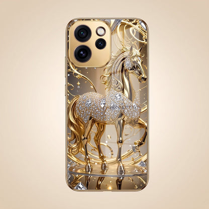 Oppo Reno 15 Pro Mini 5G Luxury Horse Texture Gold Electroplated Glass Phone Back Case