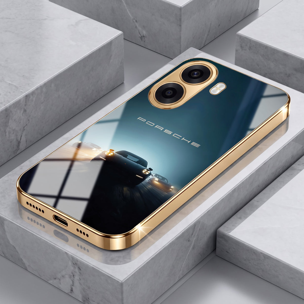 Oppo K14x 5G Porsche Luxury Gold Electroplated Glass Phone Back Case