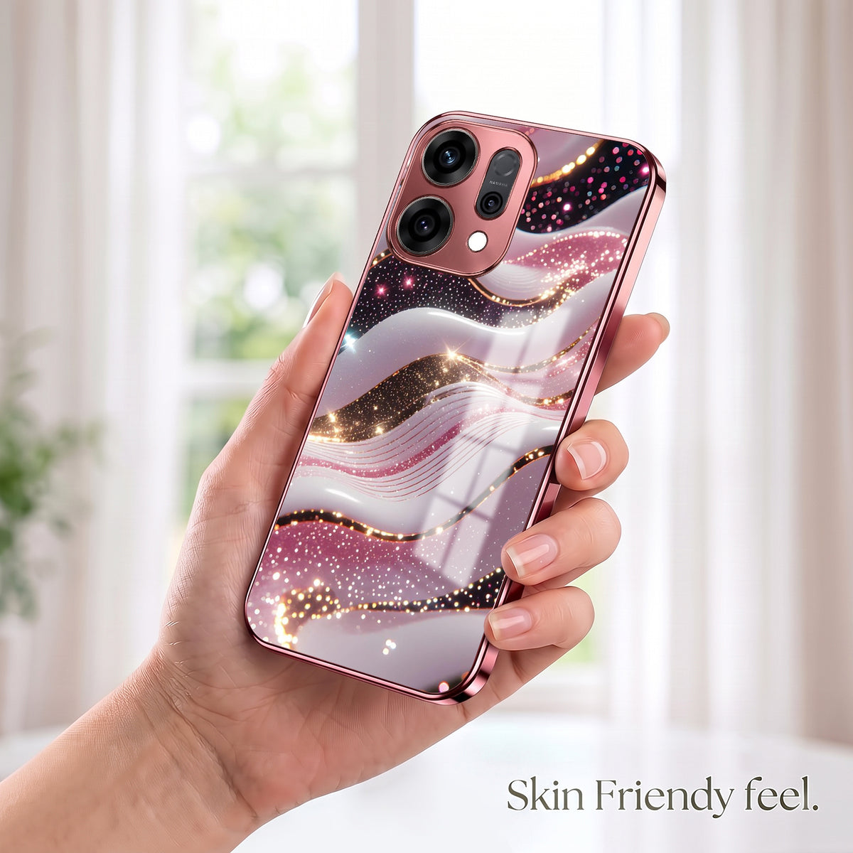 Oppo Reno 14 5G Midnight Pearl Wave Pink Electroplated Glass Phone Back Case