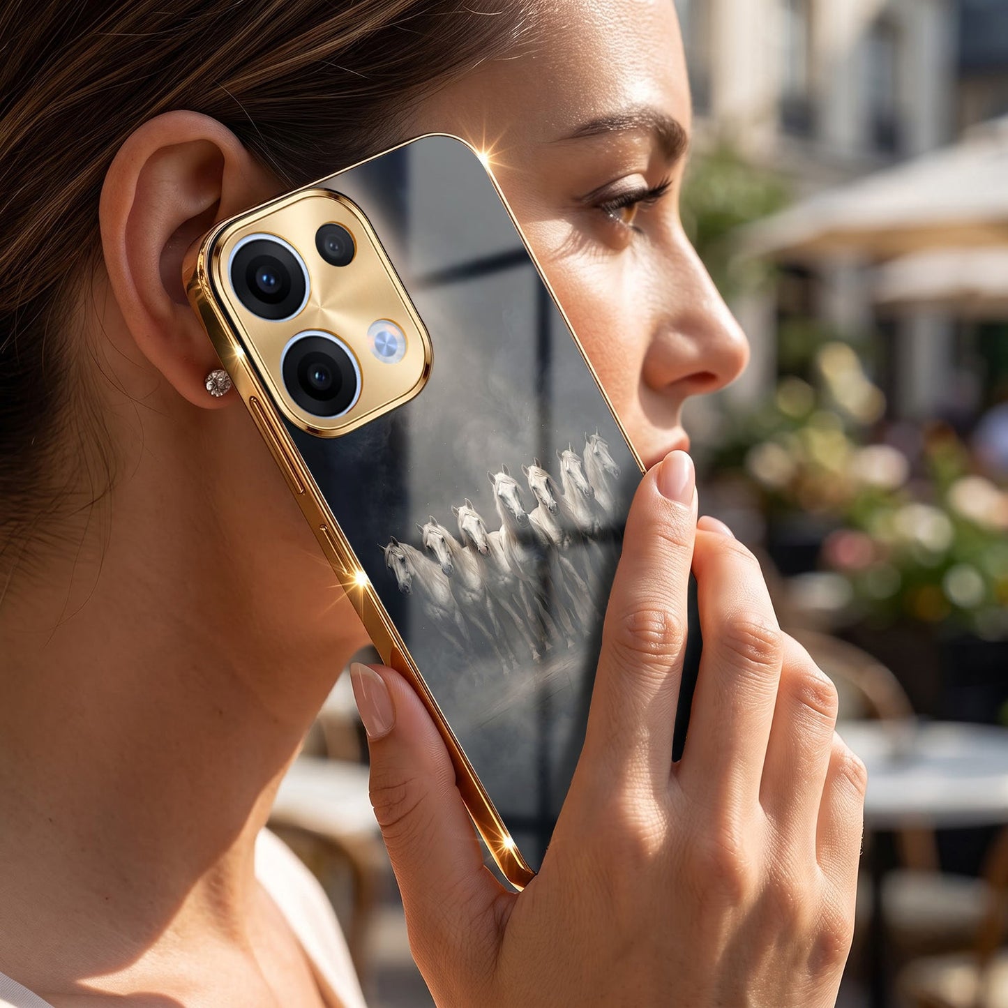 Oppo Reno 13 5G Running Horses Gold Electroplated Glass Phone Back Case