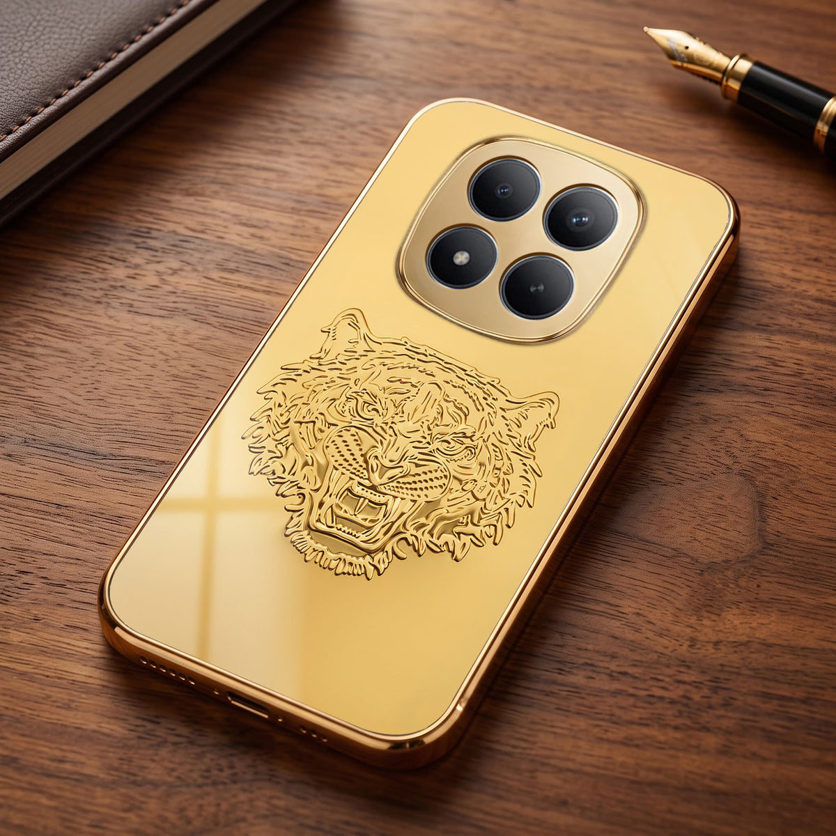 Redmi Note 15 Pro+ 5G Golden Tiger Face Gold Electroplated Glass Phone Back Case