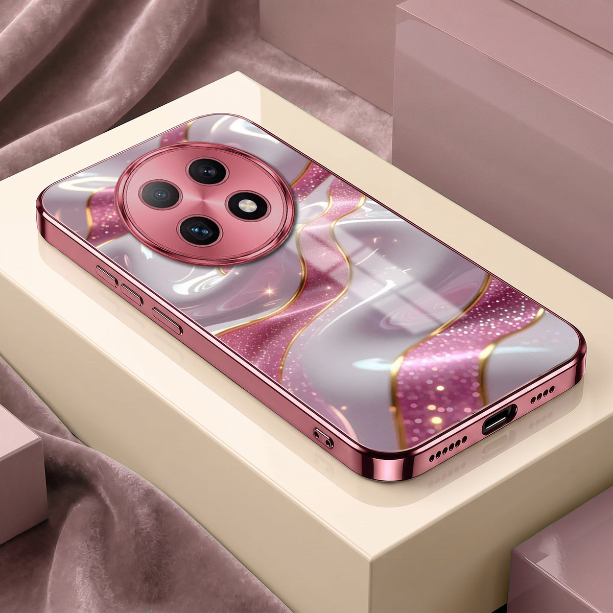 Oppo F29 Pro 5G Pearl Marble Pink Electroplated Glass Phone Back Case