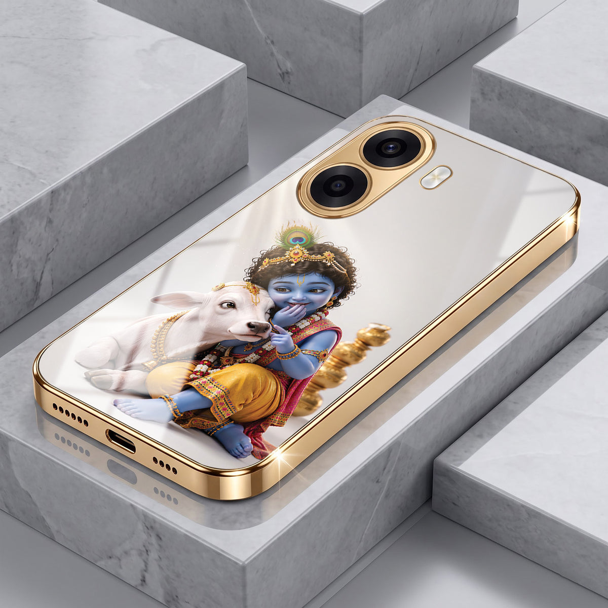Oppo K14x 5G Bal Krishna Blessings Gold Electroplated Glass Phone Back Case